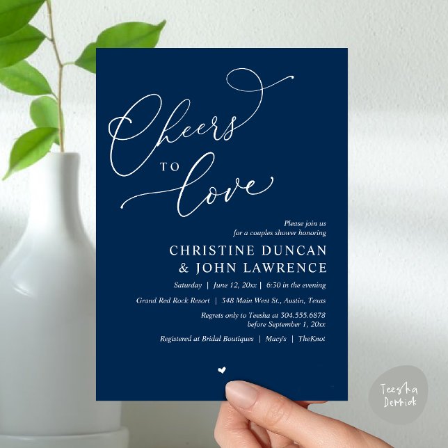 Invitation Soirée d'amour, Soirée Romantique Couples Douche (Cheers to love, Romantic Couples Shower Modern Party Winery Invitation Card PDF Summer Navy Blue)