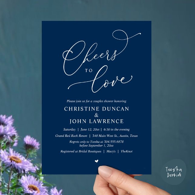 Invitation Soirée d'amour, Soirée Romantique Couples Douche (Cheers to love, Romantic Couples Shower Modern Party Winery Invitation Card PDF Summer Navy Blue)