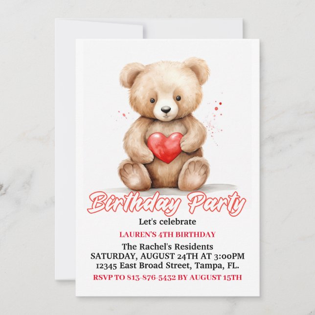 Invitation Soirée d'anniversaire à l'ours en peluche (Devant)