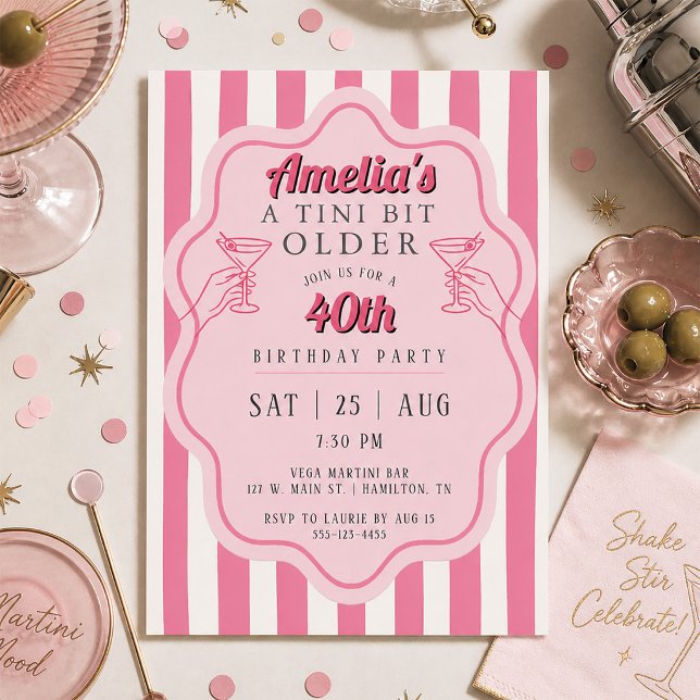 Invitation Soirée d'anniversaire au Martini à rayures roses r (Retro Pink Stripe Martini Birthday Party Invitation)