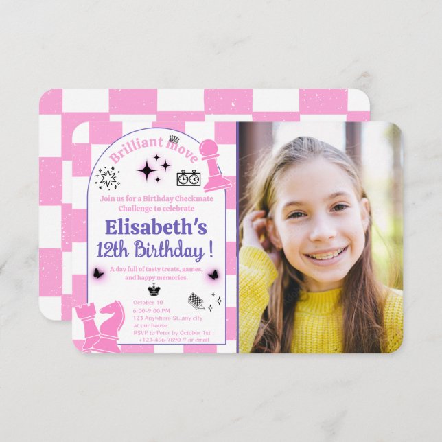 Invitation Soirée d'anniversaire aux échecs roses pour les fi (Devant / Derrière)