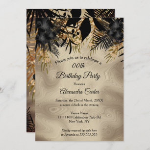 Invitation Soirée d'Anniversaire Beige Gold Black Floral