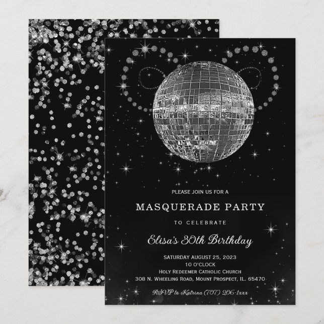 Invitation Soirée d'anniversaire Black Silver Disko (Devant / Derrière)