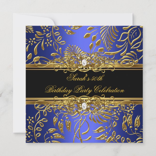 Invitation Soirée d'anniversaire Bleu Black Gold Damask (Devant)