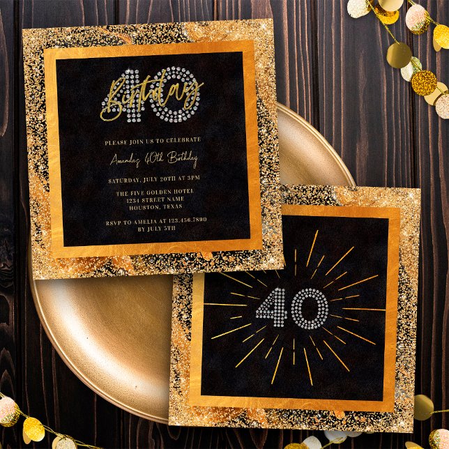 Invitation Soirée d'anniversaire chic pailleté noir et or 40  (Front / Back)