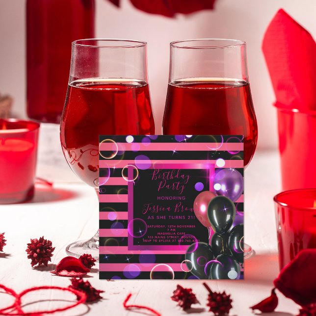 Invitation Soirée D'Anniversaire Chic Rose Et Noir (Créateur téléchargé)