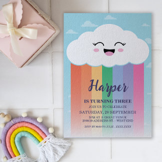 Invitation Soirée d'Anniversaire Cute Cloud et Rainbow