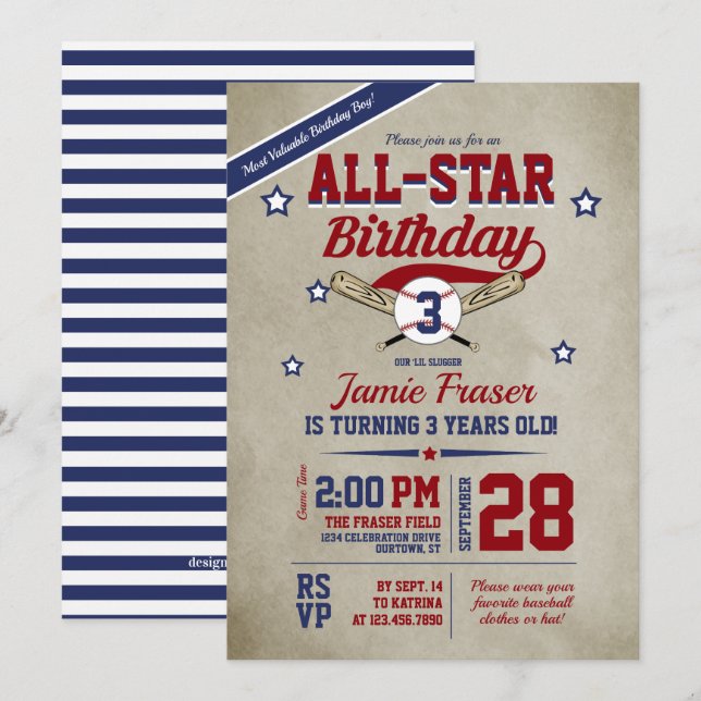 Invitation Soirée d'anniversaire de baseball (Devant / Derrière)