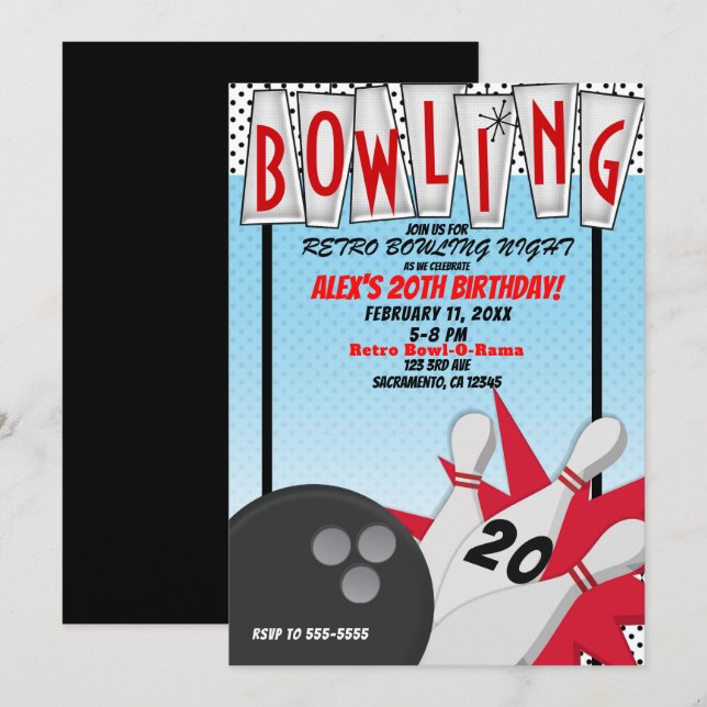 Invitation Soirée d'anniversaire de bowling rétro (Devant / Derrière)