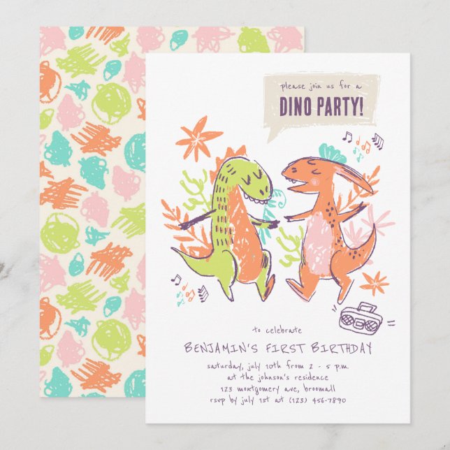 Invitation Soirée d'anniversaire de Cute Dinosaur (Devant / Derrière)