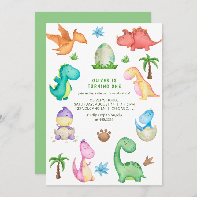 Invitation Soirée d'anniversaire de Cute Dinosaur (Devant / Derrière)