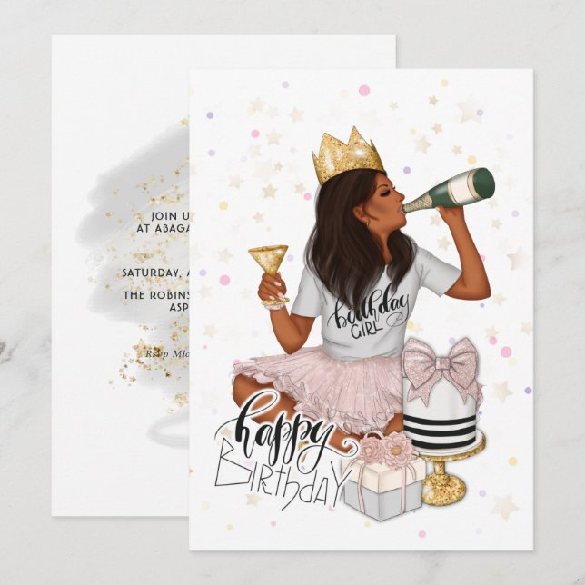 Invitation Soirée d'anniversaire de fille afro-américaine ros (Devant / Derrière)