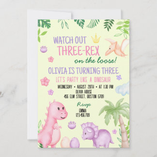 Invitation Soirée d'anniversaire de la fille Cute Dino
