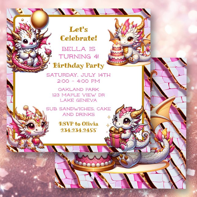 Invitation Soirée d'anniversaire de la fille du Dragon rose e (Créateur téléchargé)