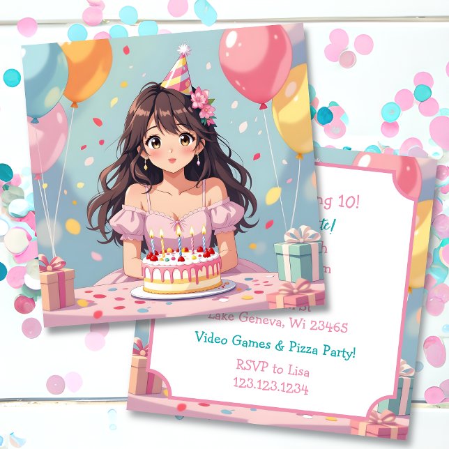 Invitation Soirée d'anniversaire de la mignonne Anime (Créateur téléchargé)