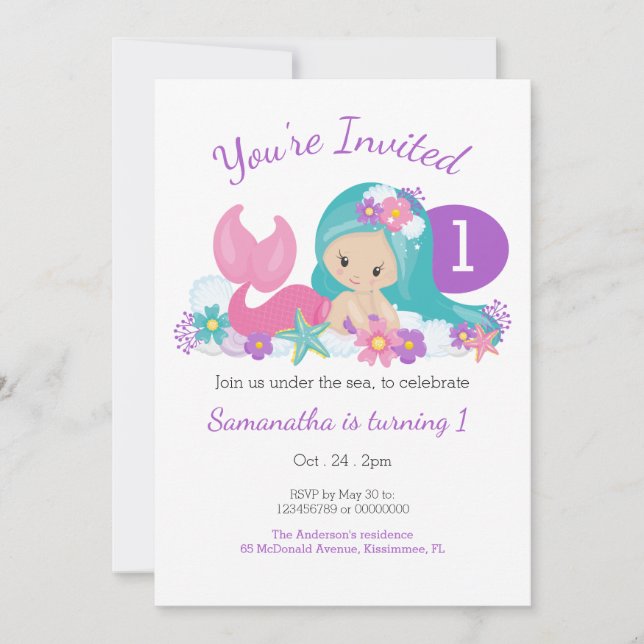 Invitation Soirée d'anniversaire de la mignonne petite sirène (Devant)
