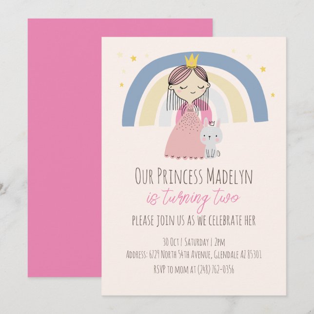 Invitation Soirée d'anniversaire de la mignonne princesse (Devant / Derrière)
