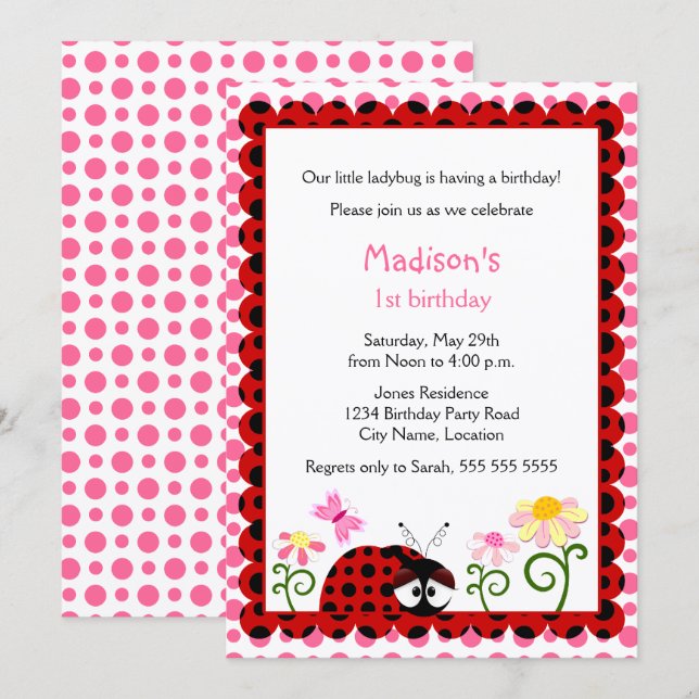 Invitation Soirée d'anniversaire de la petite Ladybug (Devant / Derrière)