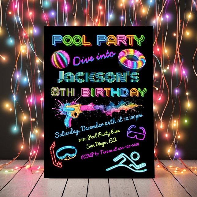 Invitation Soirée d'anniversaire de la piscine de Neon (Créateur téléchargé)