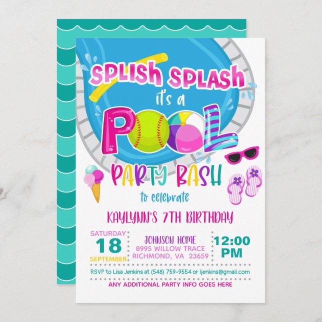 Invitation Soirée d'anniversaire de la piscine de softball -  (Devant / Derrière)
