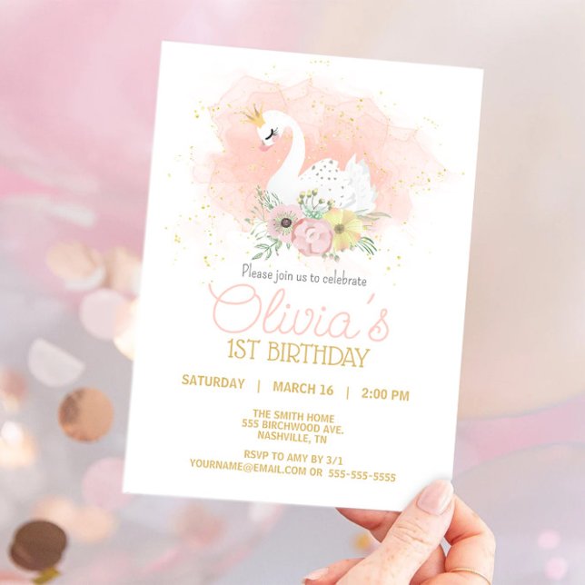 Invitation Soirée d'anniversaire de la princesse rose cygne (Créateur téléchargé)