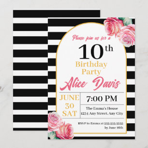 Invitation Soirée d'anniversaire de l'élégante Black White Ro