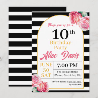 Invitation Soirée d'anniversaire de l'élégante Black White Ro