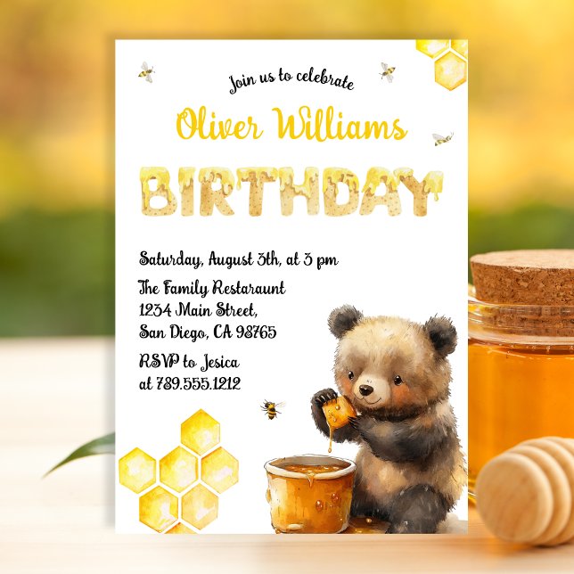Invitation Soirée d'anniversaire de l'ours de miel jaune mign (Créateur téléchargé)
