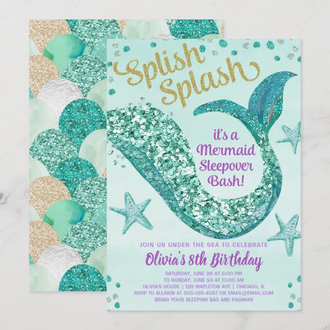 Invitation Soirée d'anniversaire de Mermaid (Devant / Derrière)