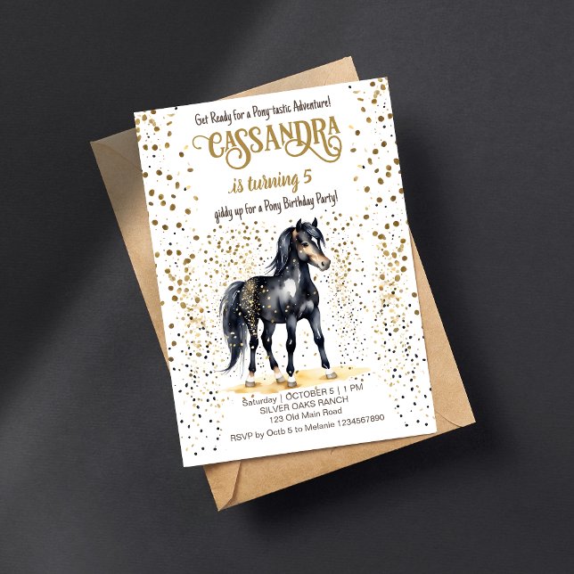 Invitation Soirée d'anniversaire de Poney cheval noir éclabou (Pony horses birthday party editable template invitation digital download black horse gold sprinkles)