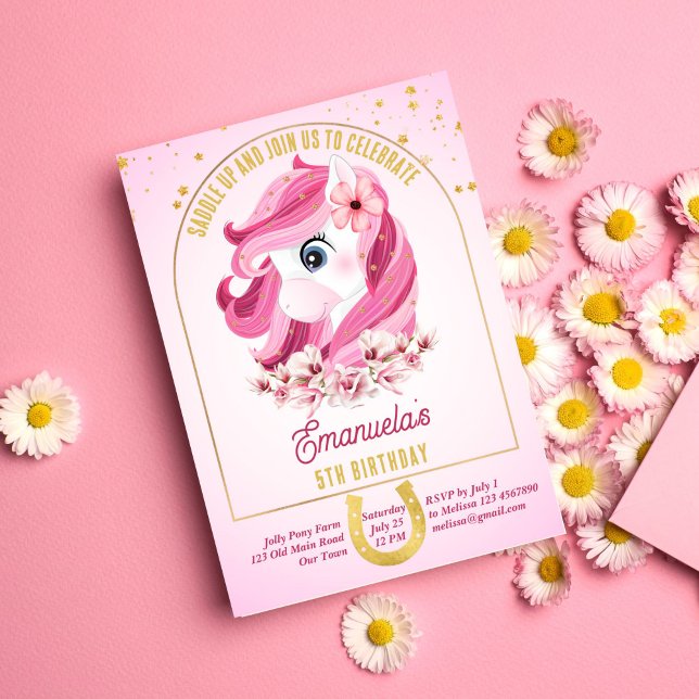 Invitation Soirée d'anniversaire de Poney saddup chevaux rose (Créateur téléchargé)