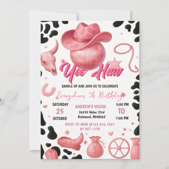 Invitation Soirée d'anniversaire de Rodéo rose personnelle (Devant)