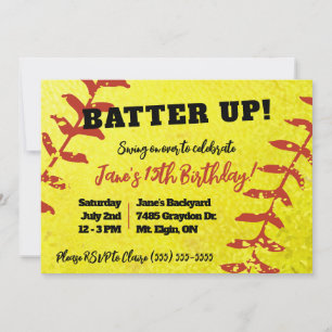 Invitation Soirée d'anniversaire de softball, Jaune et Rouge