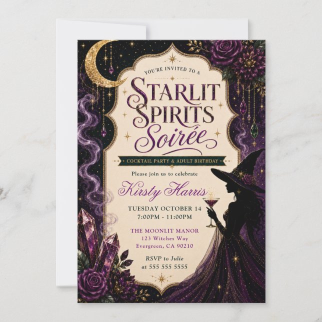 Invitation Soirée d'anniversaire de sorcière aux esprits étoi (Devant)
