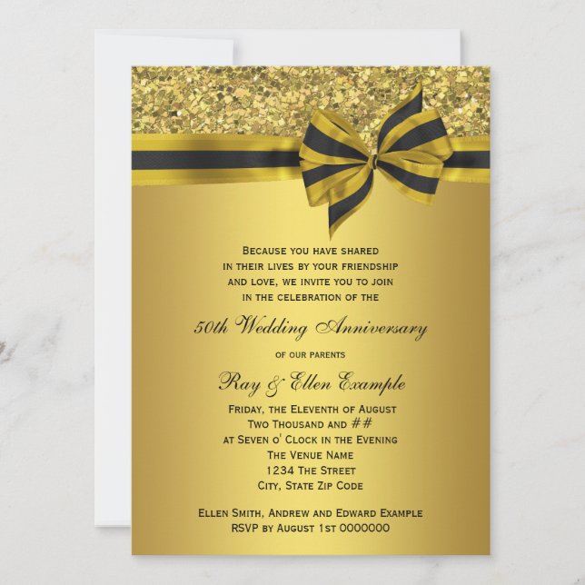 Invitation Soirée d'anniversaire des 50 ans Elegant Gold Bow (Devant)