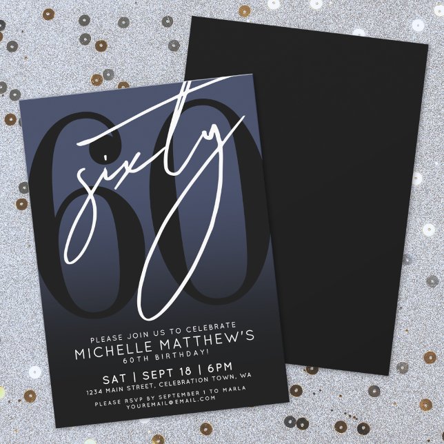 Invitation Soirée d'anniversaire des 60 ans Bleu Nuit (Navy Blue Black 60th Birthday Party Invitation)