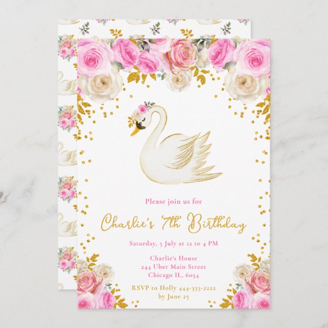 Invitation Soirée d'anniversaire des Roses de Swan Pink et Go (Devant / Derrière)