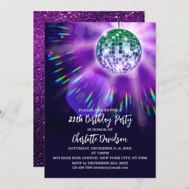 Invitation Soirée d'anniversaire disco 21 ans (Devant / Derrière)