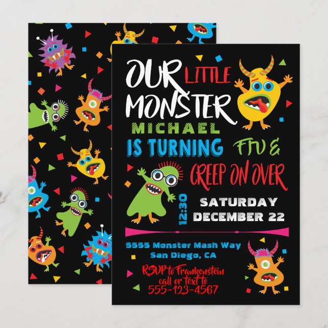 Invitation Soirée d'anniversaire du mignon Little Monster (Devant / Derrière)