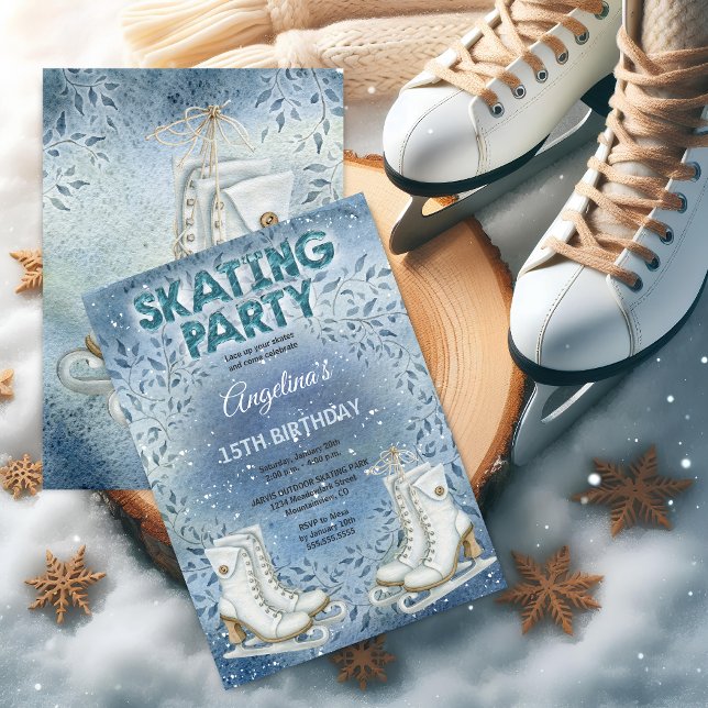 Invitation Soirée d'Anniversaire du patinage sur glace (Ice skating party invitation front and back view.)