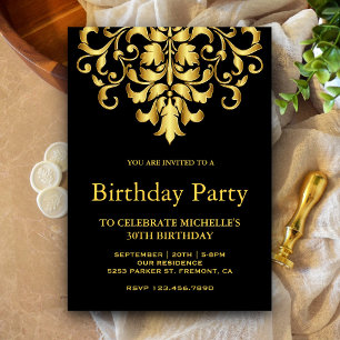Invitation Soirée d'anniversaire Elegant Black and Gold Damas