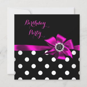 Invitation Soirée d'anniversaire Elegant Pois Pink Black Bow