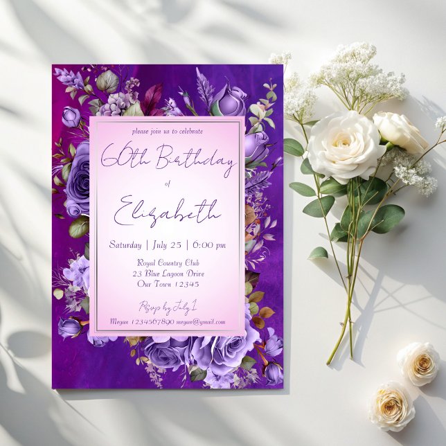 Invitation Soirée d'anniversaire élégante aux roses violets (Elegant purple lilac roses adults birthday party invitation cards template floral party invitations)