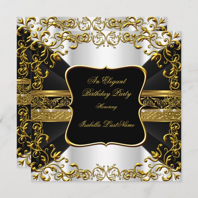 Invitation Soirée d'anniversaire élégante en or noir blanc (Devant / Derrière)