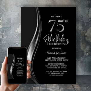 Invitation Soirée d'anniversaire élégante noire et argentée p