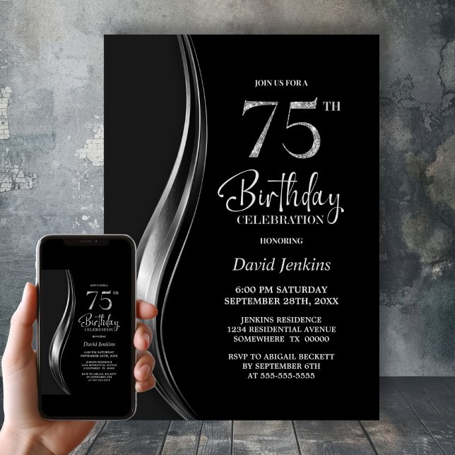 Invitation Soirée d'anniversaire élégante noire et argentée p (Créateur téléchargé)
