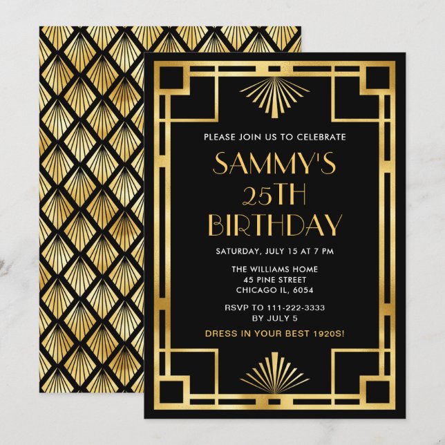 Invitation Soirée d'anniversaire Gold et Black Art Déco (Devant / Derrière)