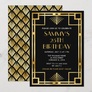 Invitation Soirée d'anniversaire Gold et Black Art Déco