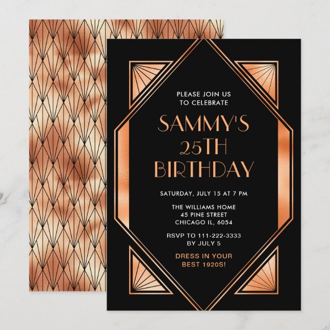 Invitation Soirée d'anniversaire Gold et Black Art Déco (Devant / Derrière)