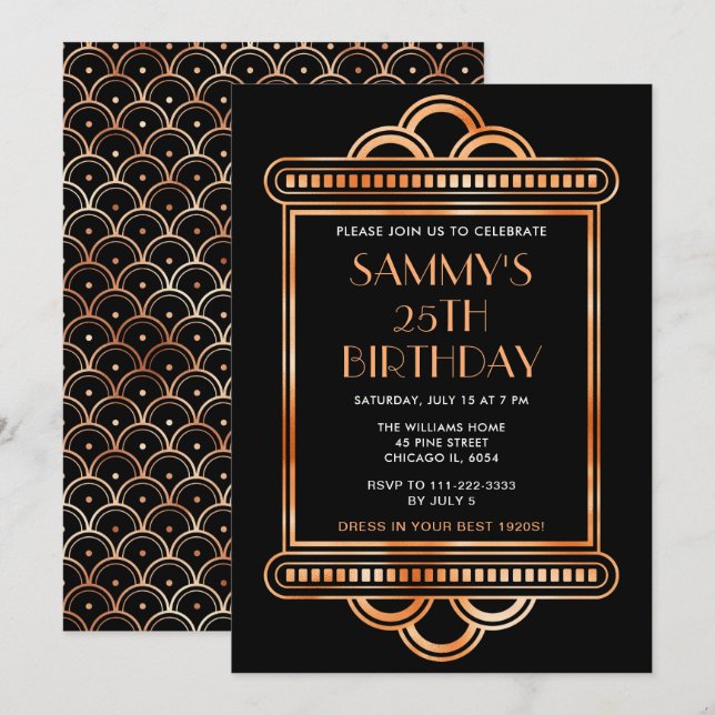 Invitation Soirée d'anniversaire Gold et Black Art Déco (Devant / Derrière)